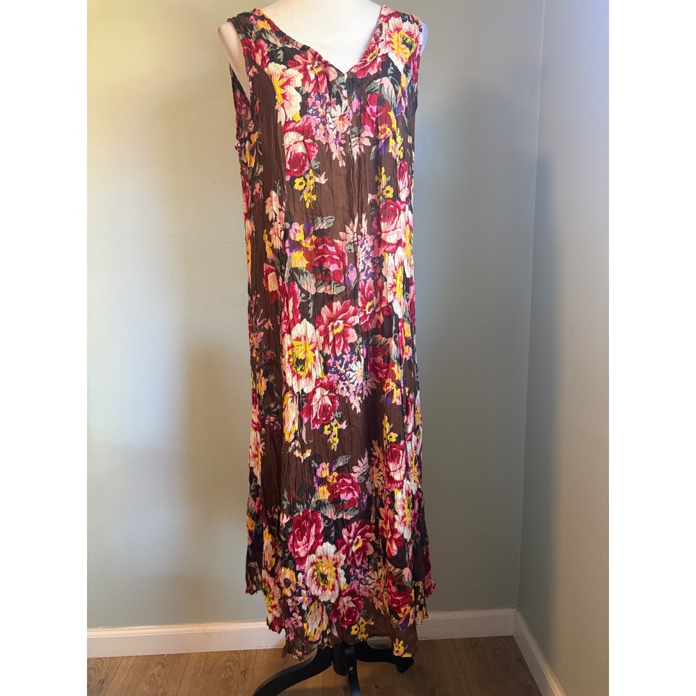 Vintage Floral Crinkle Maxi Dress L boho whimsi dainty beach Brown Sleeveless